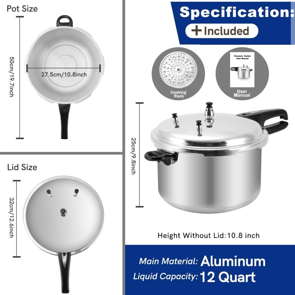 BreeRainz 12 Quart Pressure Cooker, Aluminum Pressure Canner w/Cooking Rack for Steaming,Canning and Stewing, Silver