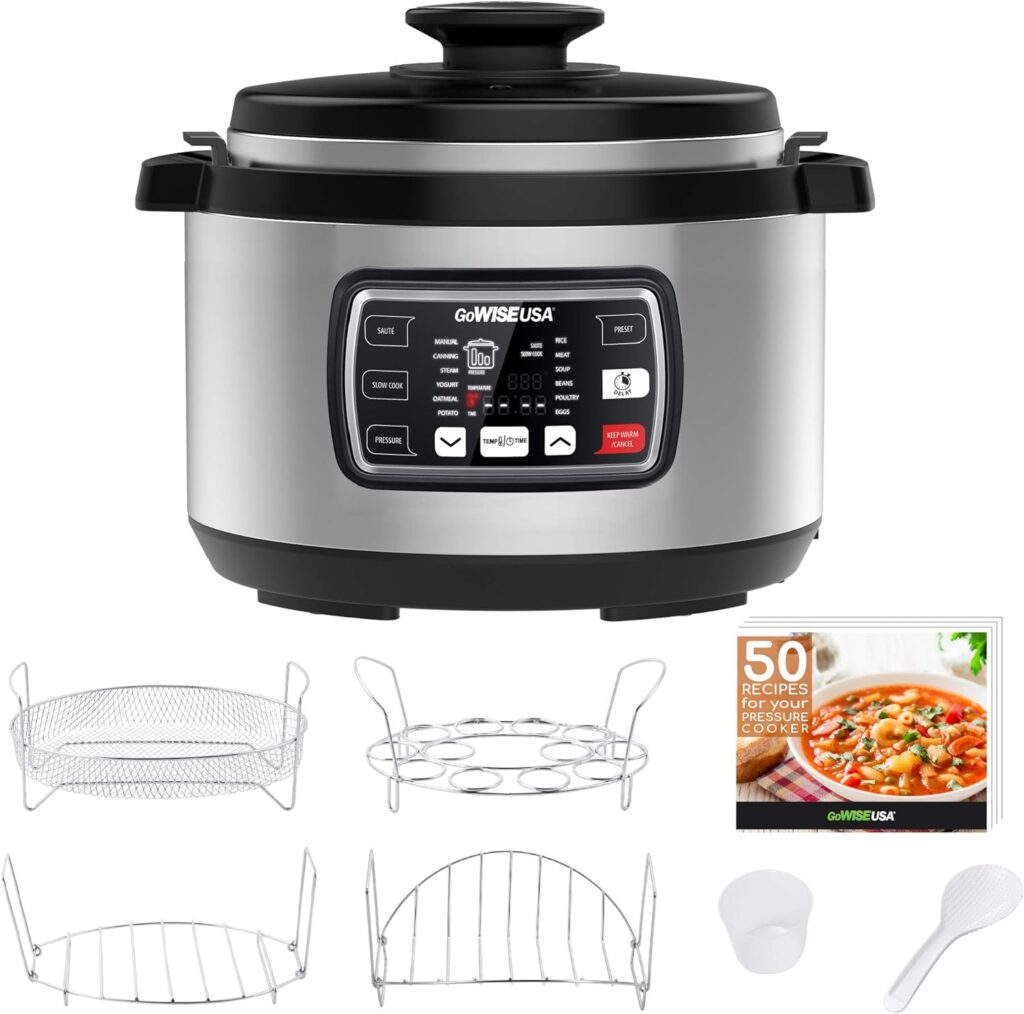 GoWISE USA GW22709 Ovate 9.5-Qt 12-in-1 Electric Pressure Cooker Oval with Slow Cook, Rice, Yogurt, Egg, Saute, Steamer, Keep Warm Functions + Accessories  Recipes, Stainless Steel