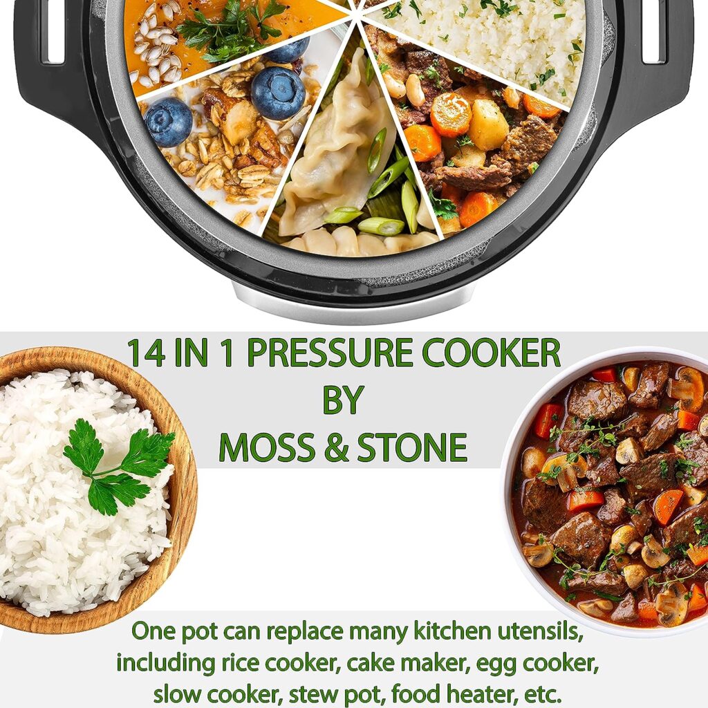 Moss  Stone Electric Pressure Cooker with Large LCD Display, Multi-Use 6 Quart Electric Pot, 14 in 1 Slow Cooker, Rice Cooker, Steamer, Sauté, Yogurt Maker, Egg Cooker, Warmer and More