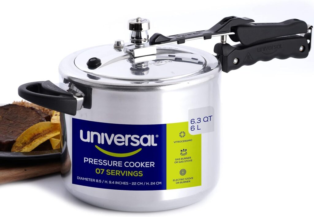 Universal 6.3 Quart / 6 Liter Pressure Cooker, 7 Servings, Pressure Canner With Multiple Safety Systems and Heat Resistant Handles For Can, Soup, Meat, Beans