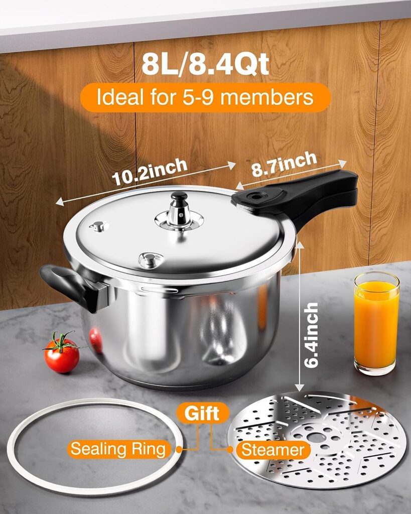 WantJoin Pressure Cooker, 8 Quart Stainless Steel Pressure Canner, Induction Compatible Cookware with Spring Valve Safeguard Devices,Compatible with Gas  Induction Cooker